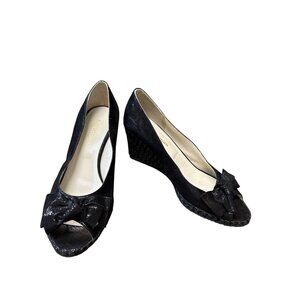 J. Peterman Womens Black Leather Peep-Toe Wedge Heels Size 7.5 SKU 6860